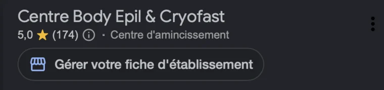 Fiche Google de Centre Body Épil & Cryofast : 5,0 étoiles sur 174 avis