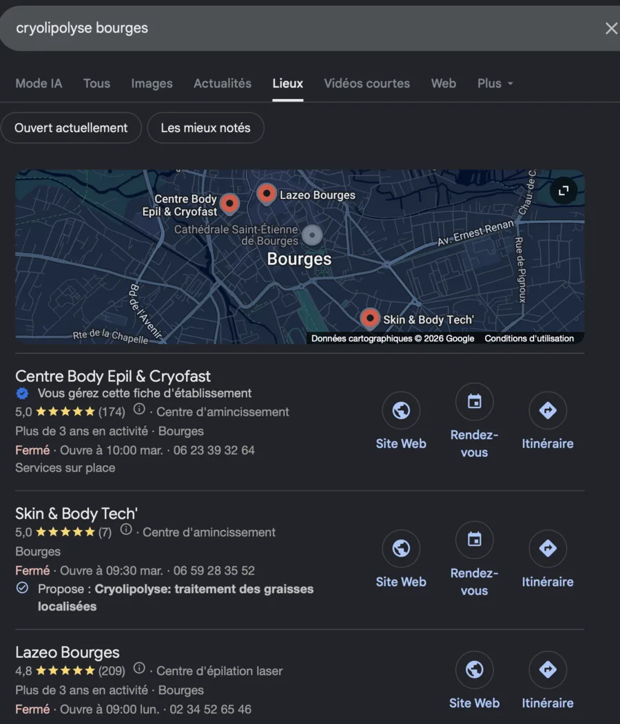 Résultat Google pour « cryolipolyse bourges » : Centre Body Épil & Cryofast en première position du pack local à Bourges, 5,0 étoiles sur 174 avis